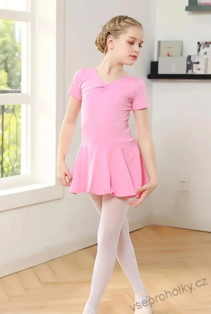 Dívčí růžový taneční trikot s krátkým rukávem a sukní