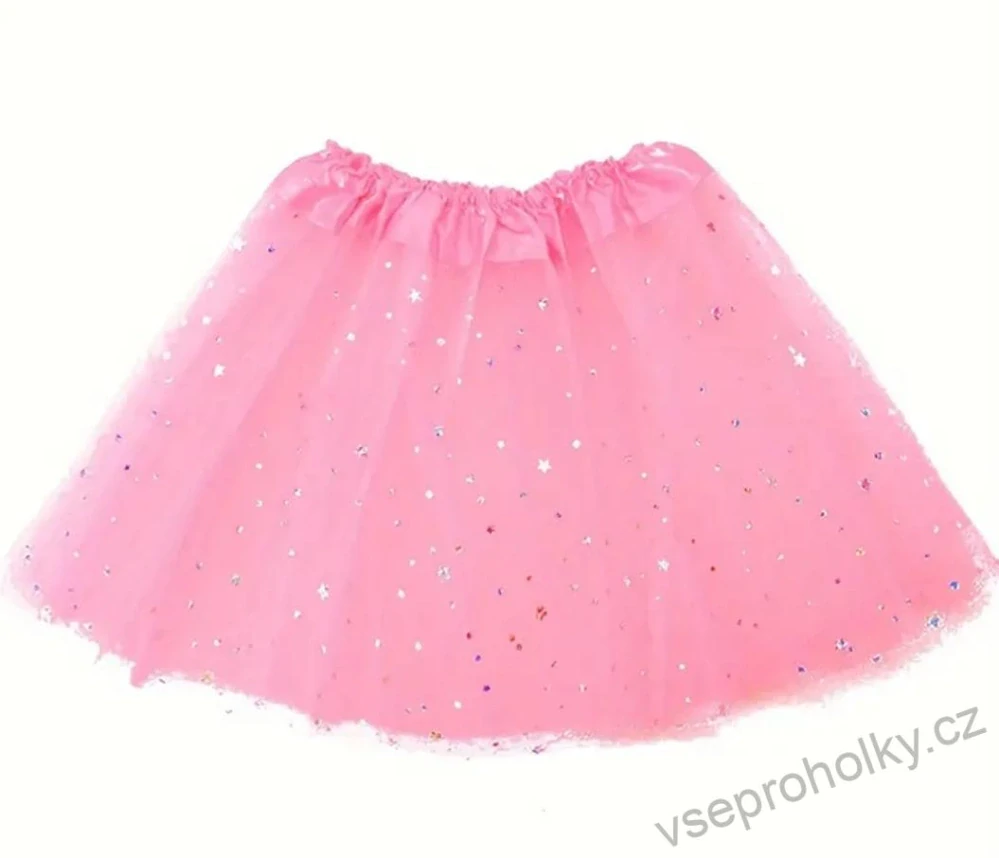 Dívčí růžová tylová tutu sukně se stříbrnými hvězdičkami 40cm