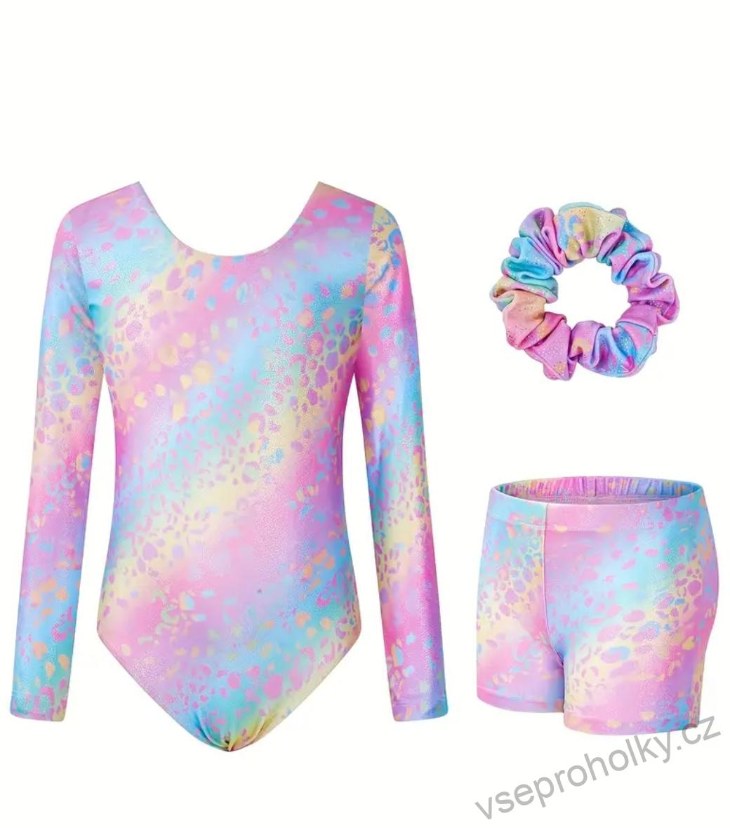 Dětský gymnastický set duhový třpytivý – dres, kraťasy, gumička