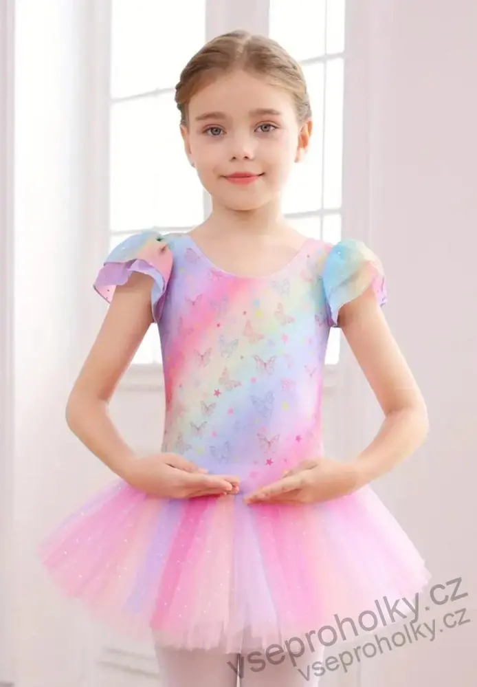 Baletní šatičky s tutu – duhové s motýlky