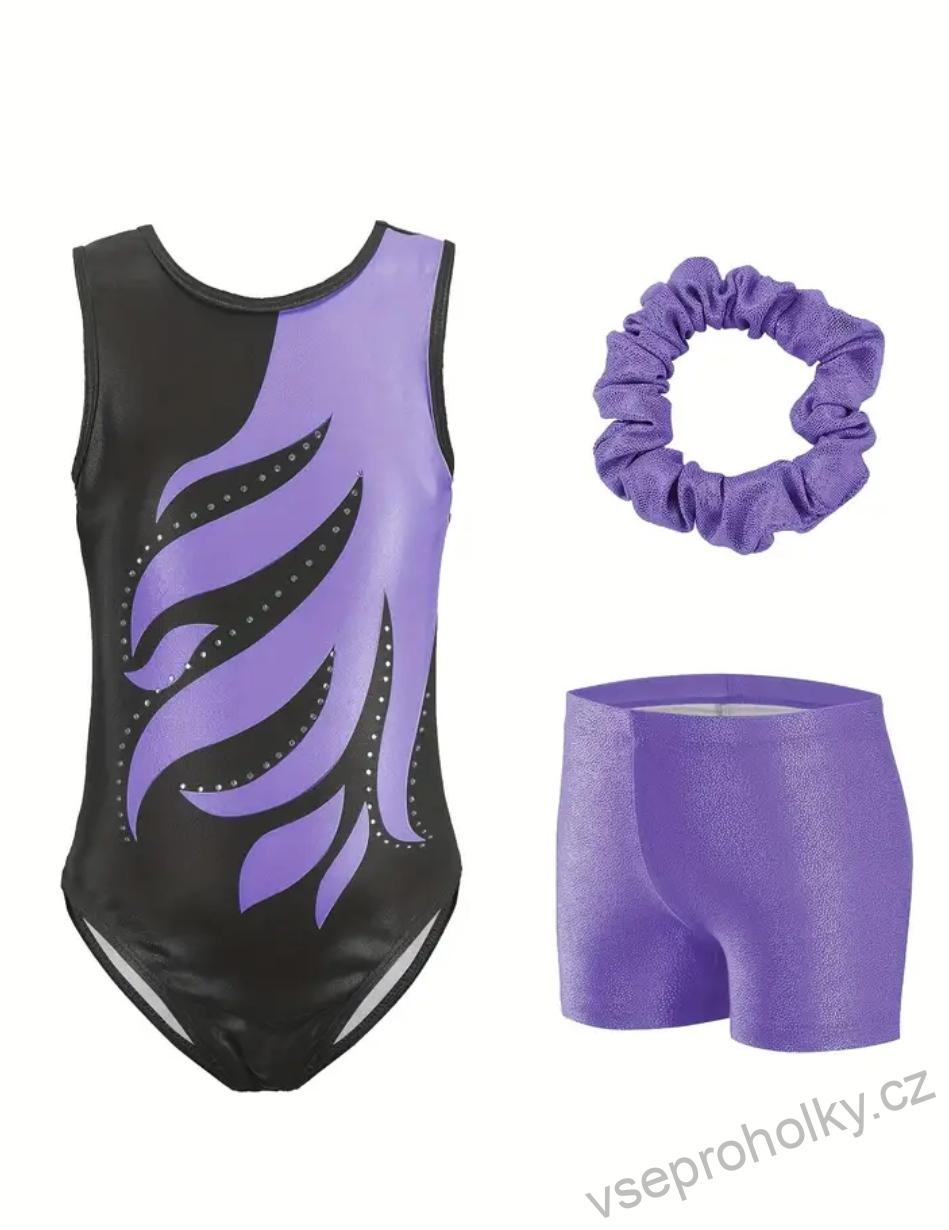 Dívčí gymnastický černo-fialový gymnastický set s kamínky