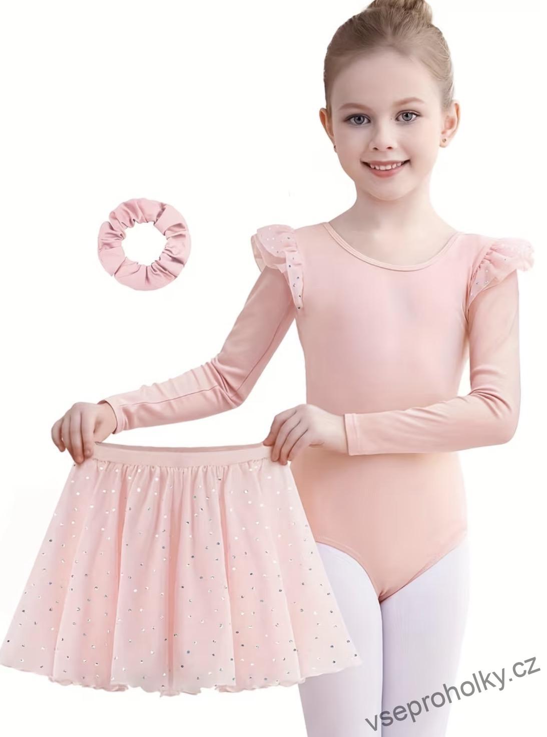 Dívčí baletní dres se sukýnkou a gumičkou – růžový set