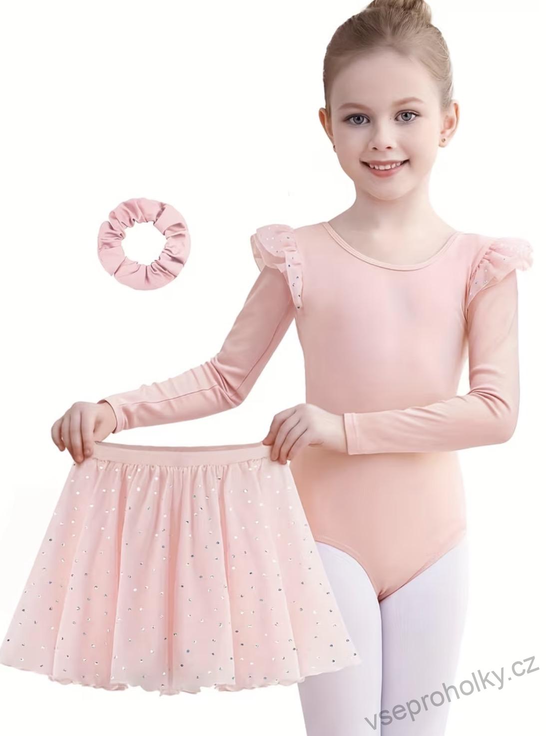 Dívčí baletní dres se sukýnkou a gumičkou – růžový set