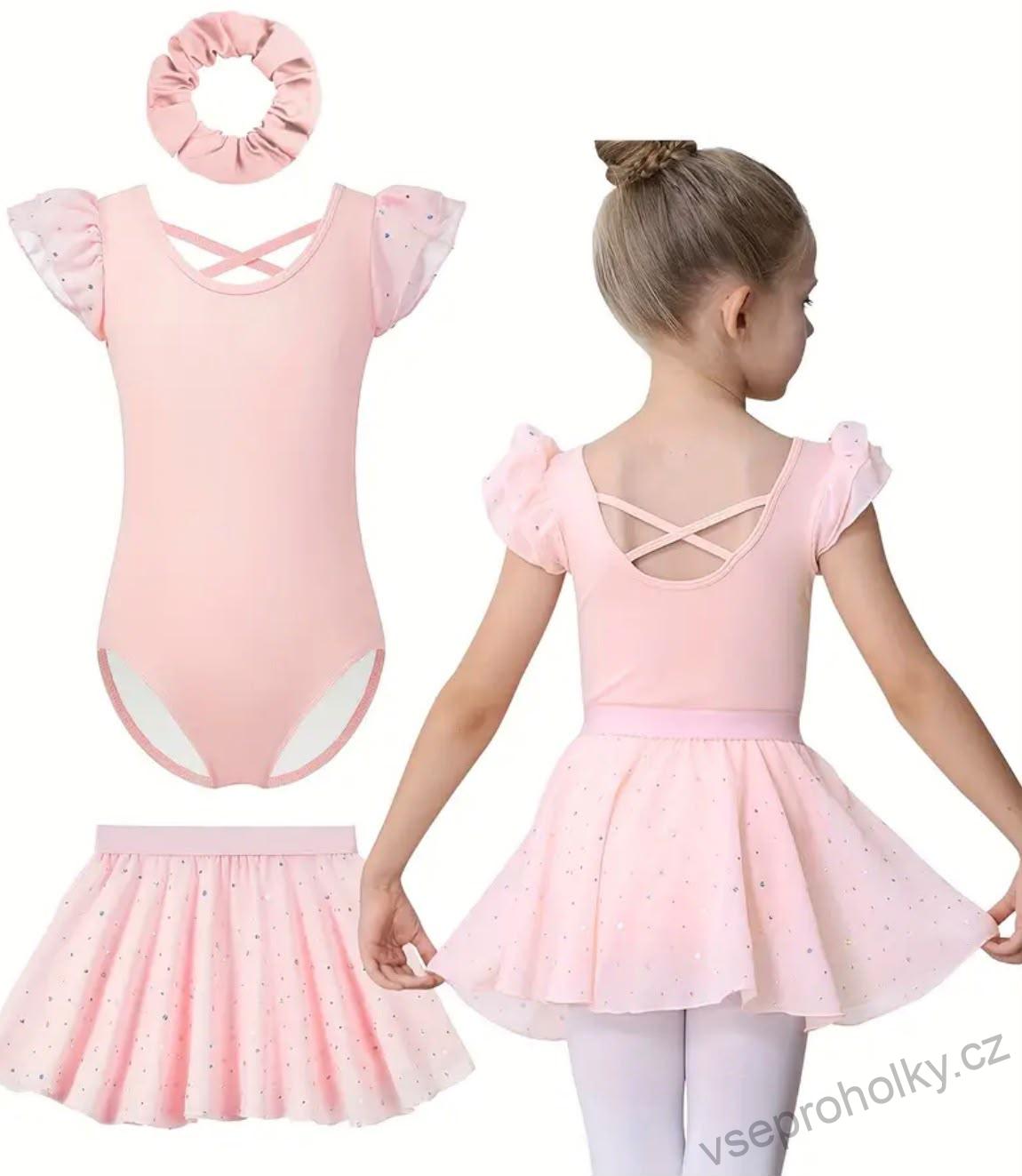 Růžový baletní dres se sukýnkou a třpytkami