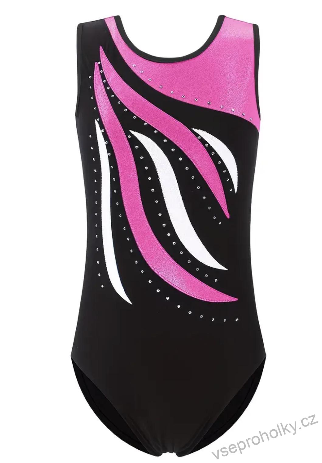 Dívčí gymnastický dres – černý s růžovými a bílými pruhy