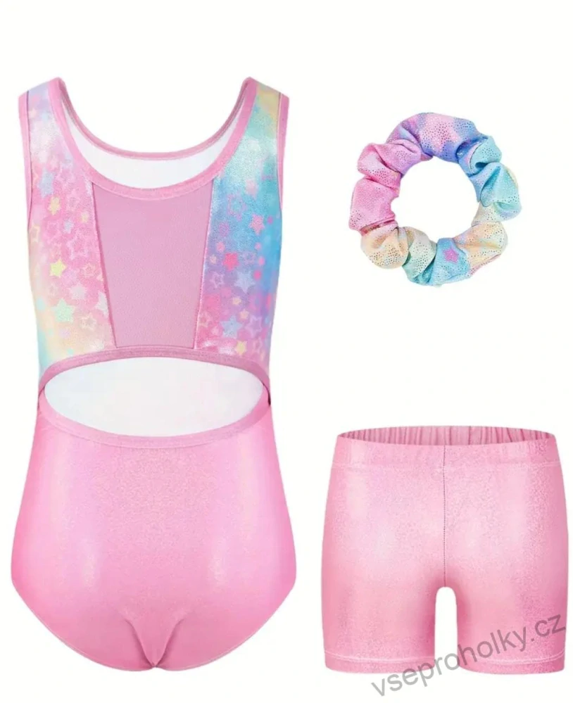 Set gymnastický dres bez rukávů s kraťasy + gumička – duhový