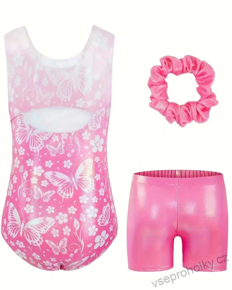Set gymnastický dres bez rukávů s kraťasy, gumička - růžový