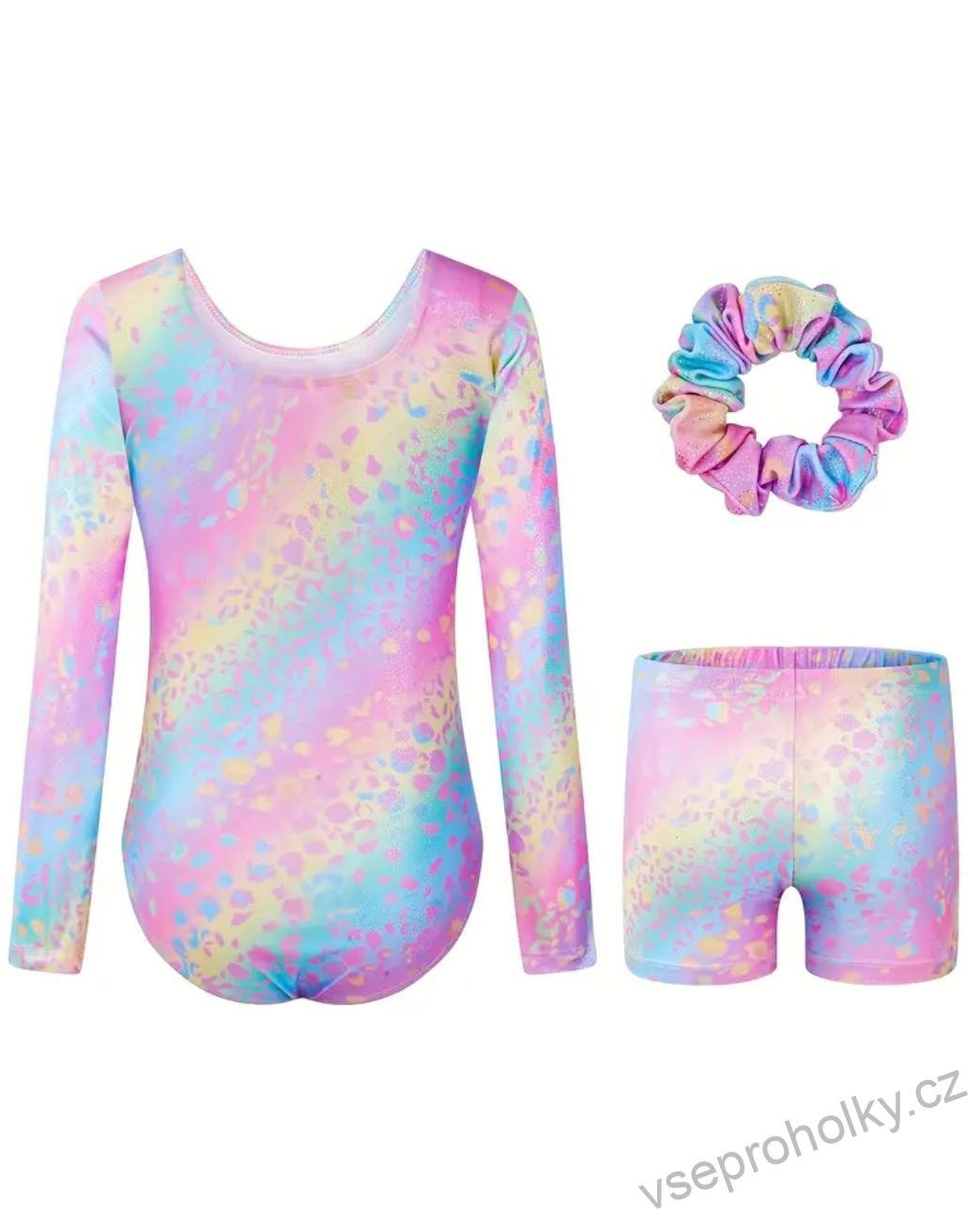 Dětský gymnastický set duhový třpytivý – dres, kraťasy, gumička