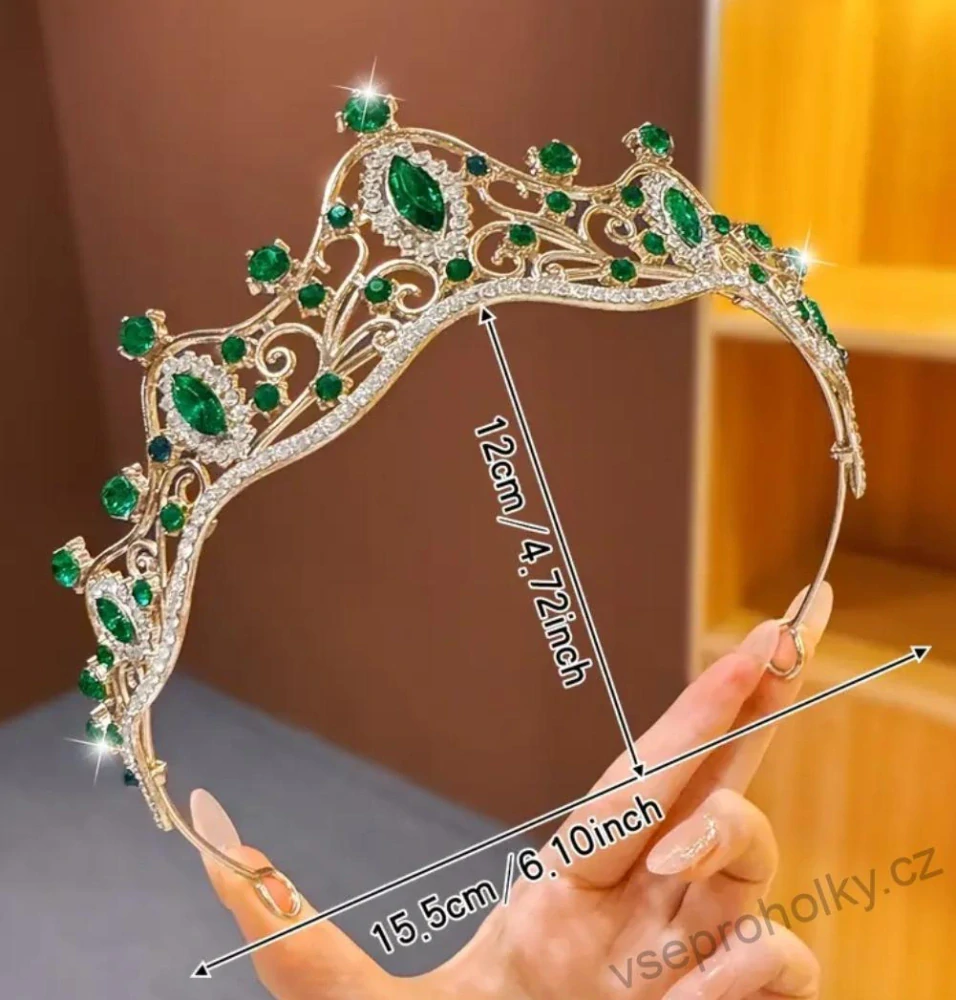 Luxusní zlatá korunka Anna se smaragdově zelenými kamínky
