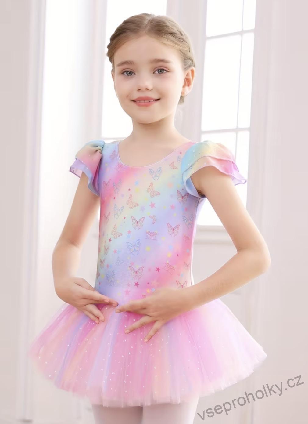 Baletní šatičky s tutu – duhové s motýlky