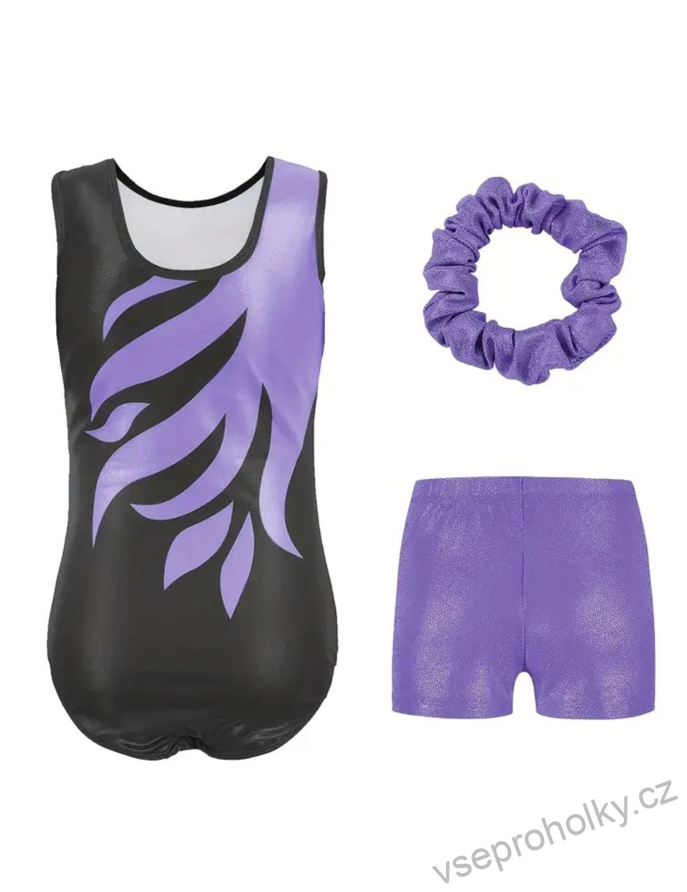 Dívčí gymnastický černo-fialový gymnastický set s kamínky