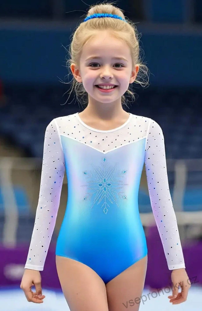 Modrý lesklý gymnastický dres s dlouhým rukávem a kamínky