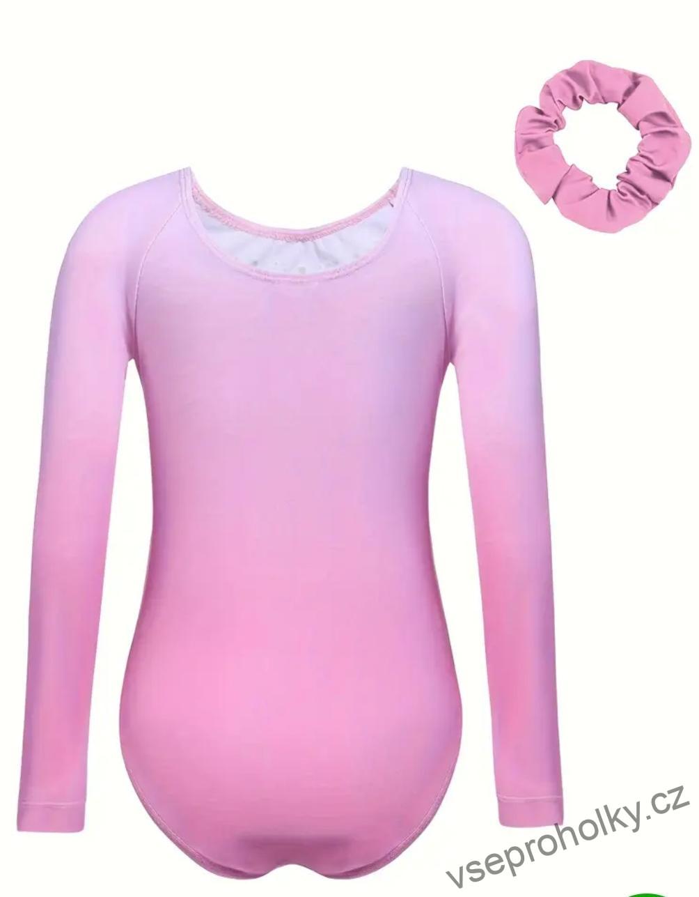 Růžový zdobený gymnastický dres s dlouhým rukávem
