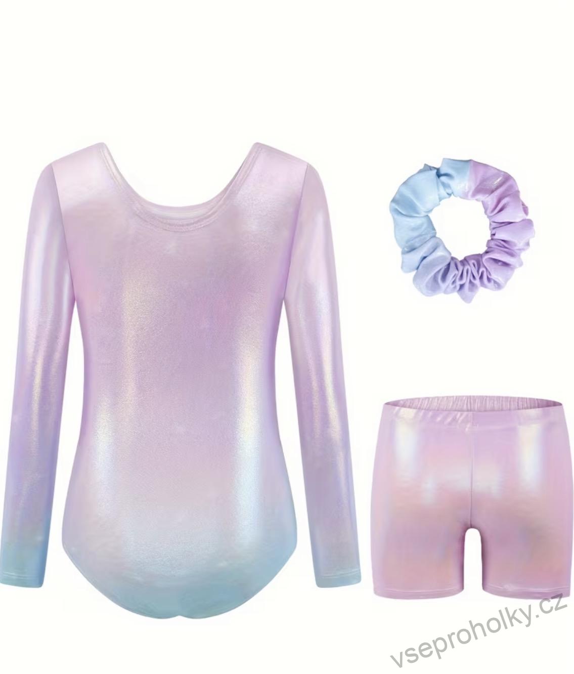 Dívčí gymnastický set ombré s kamínky – dres, kraťasy a gumička