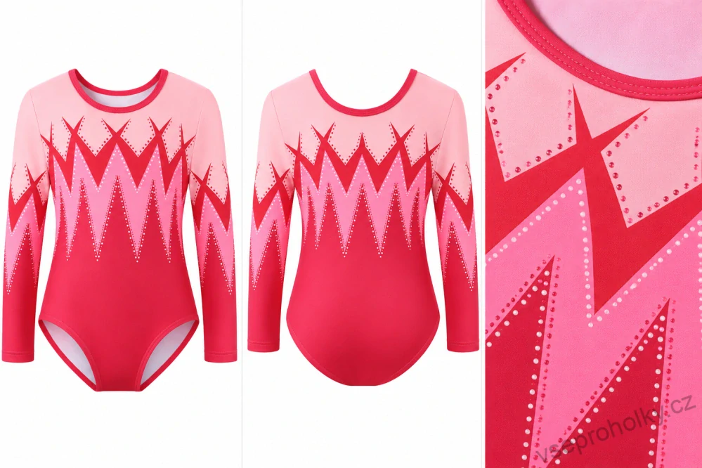 Dívčí gymnastický dres s dlouhým rukávem černo-růžový
