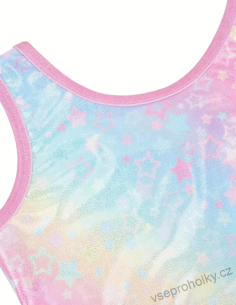 Set gymnastický dres bez rukávů s kraťasy + gumička – duhový