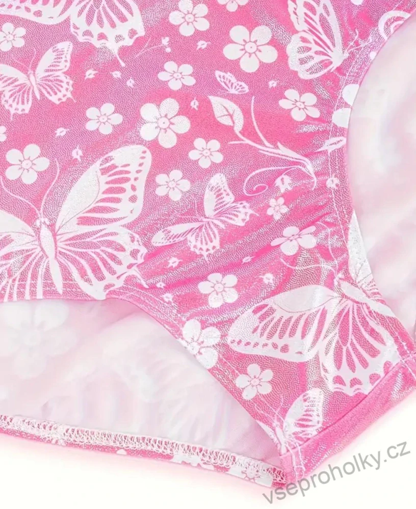 Set gymnastický dres bez rukávů s kraťasy, gumička - růžový