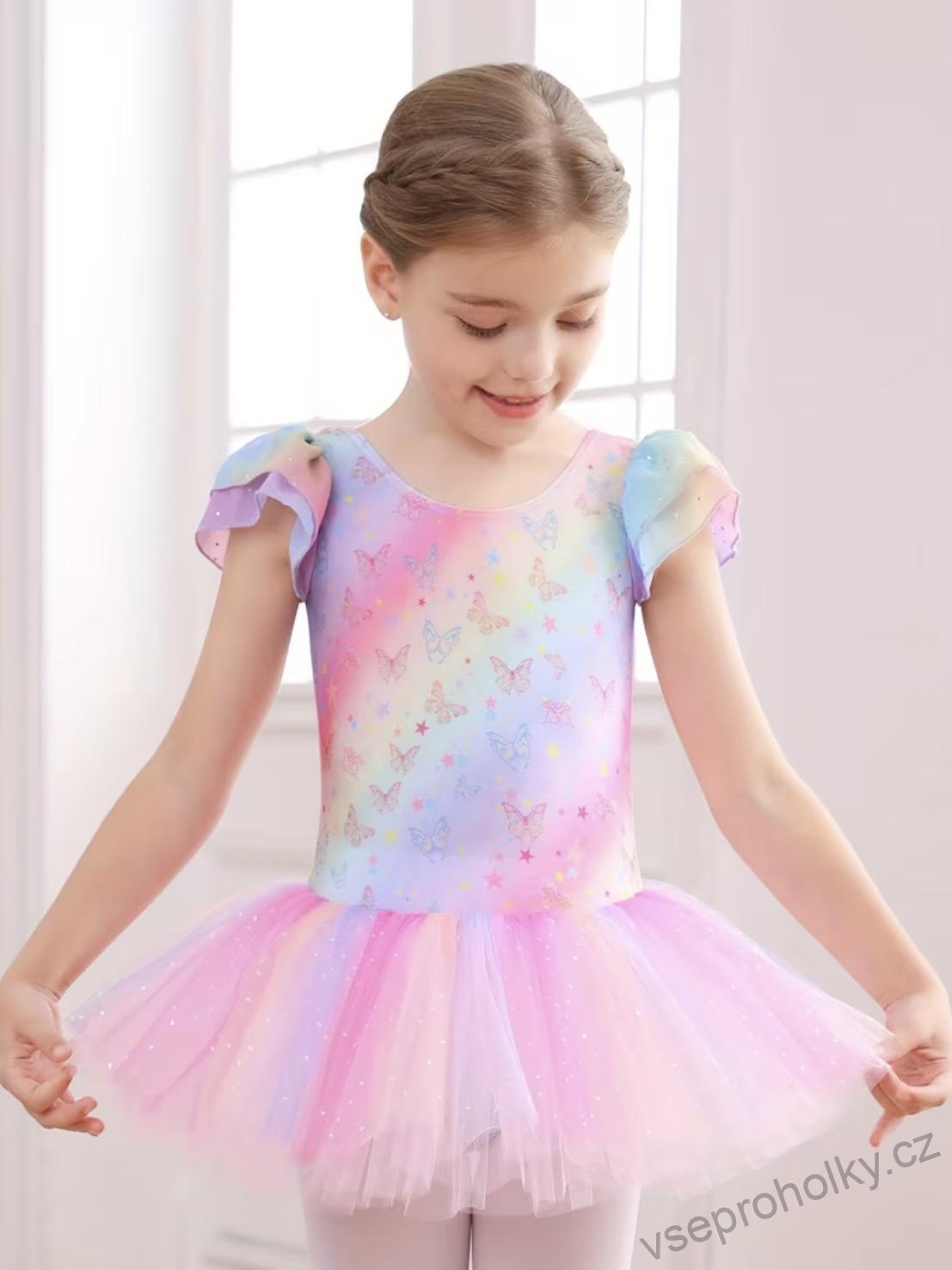 Baletní šatičky s tutu – duhové s motýlky