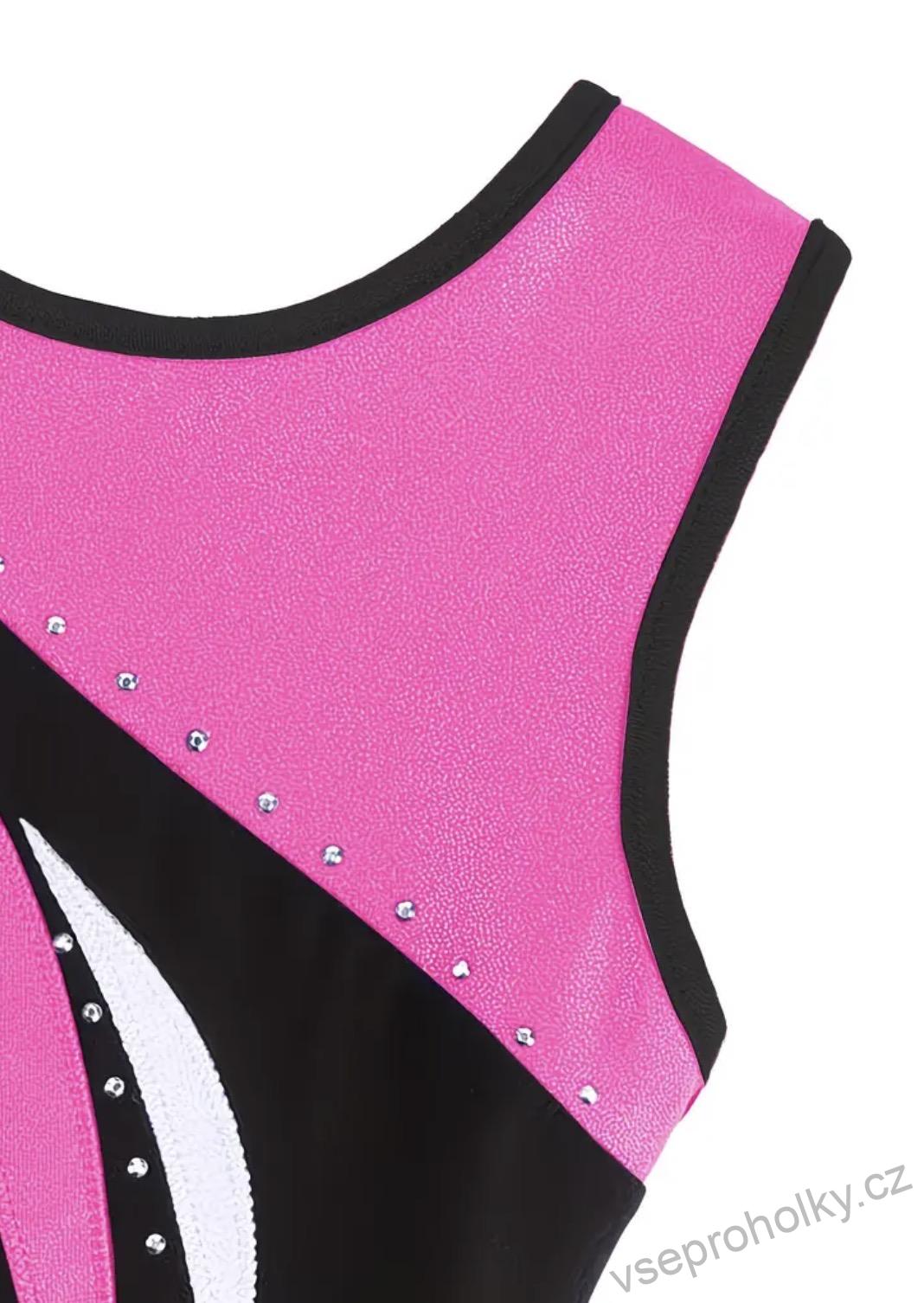 Dívčí gymnastický dres – černý s růžovými a bílými pruhy