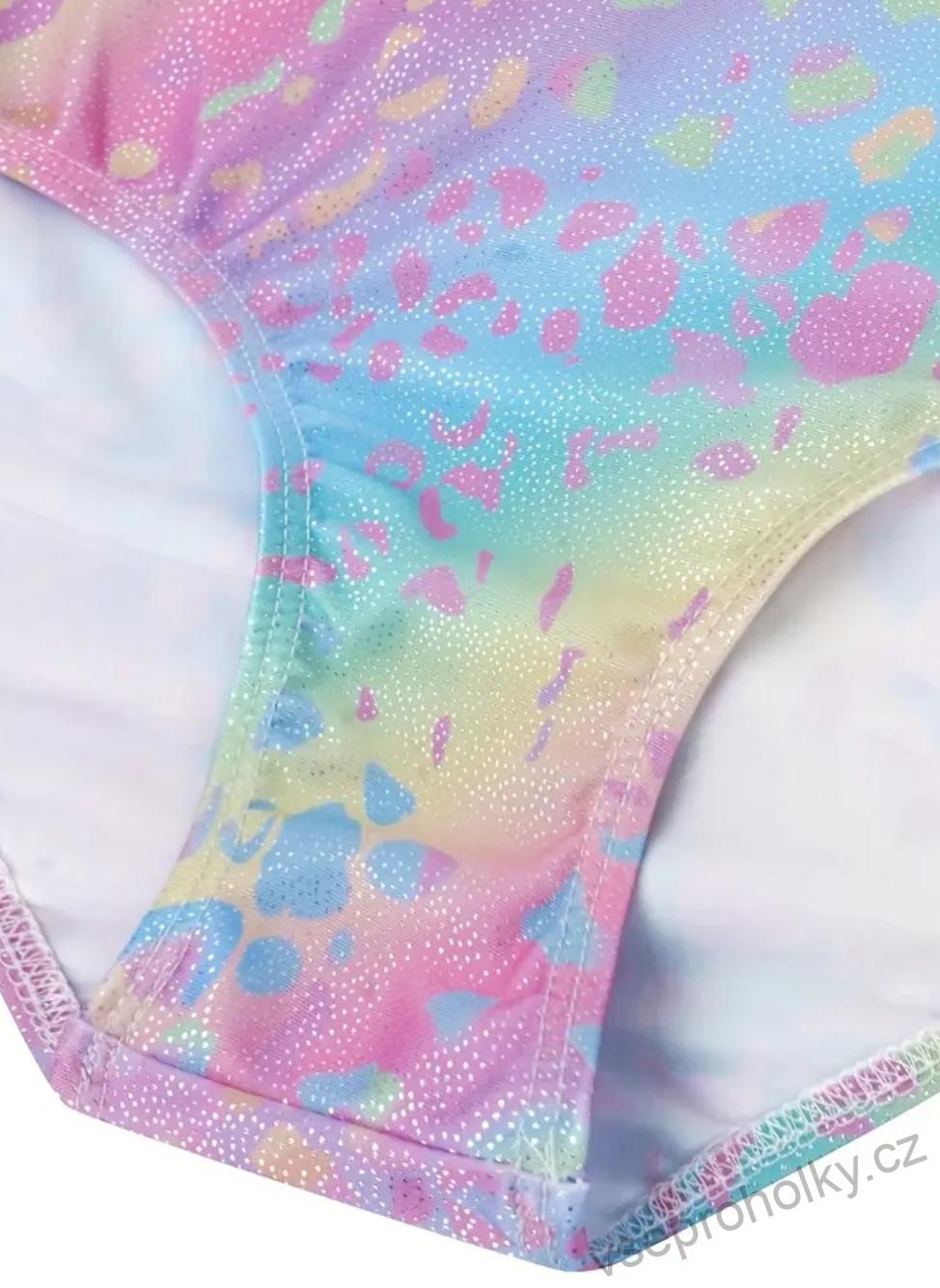 Dětský gymnastický set duhový třpytivý – dres, kraťasy, gumička