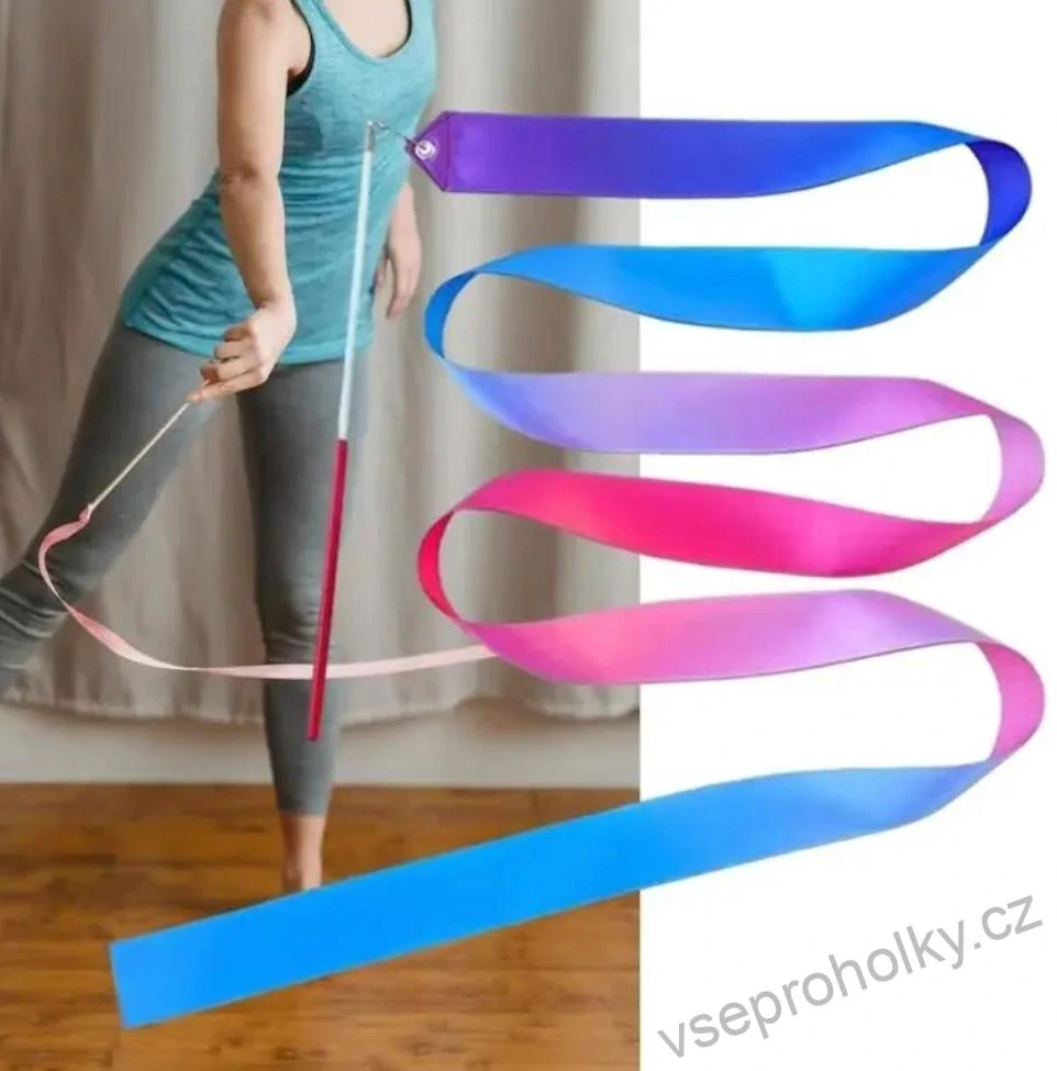 Růžovo-modrofialová gymnastická stuha s rukojetí