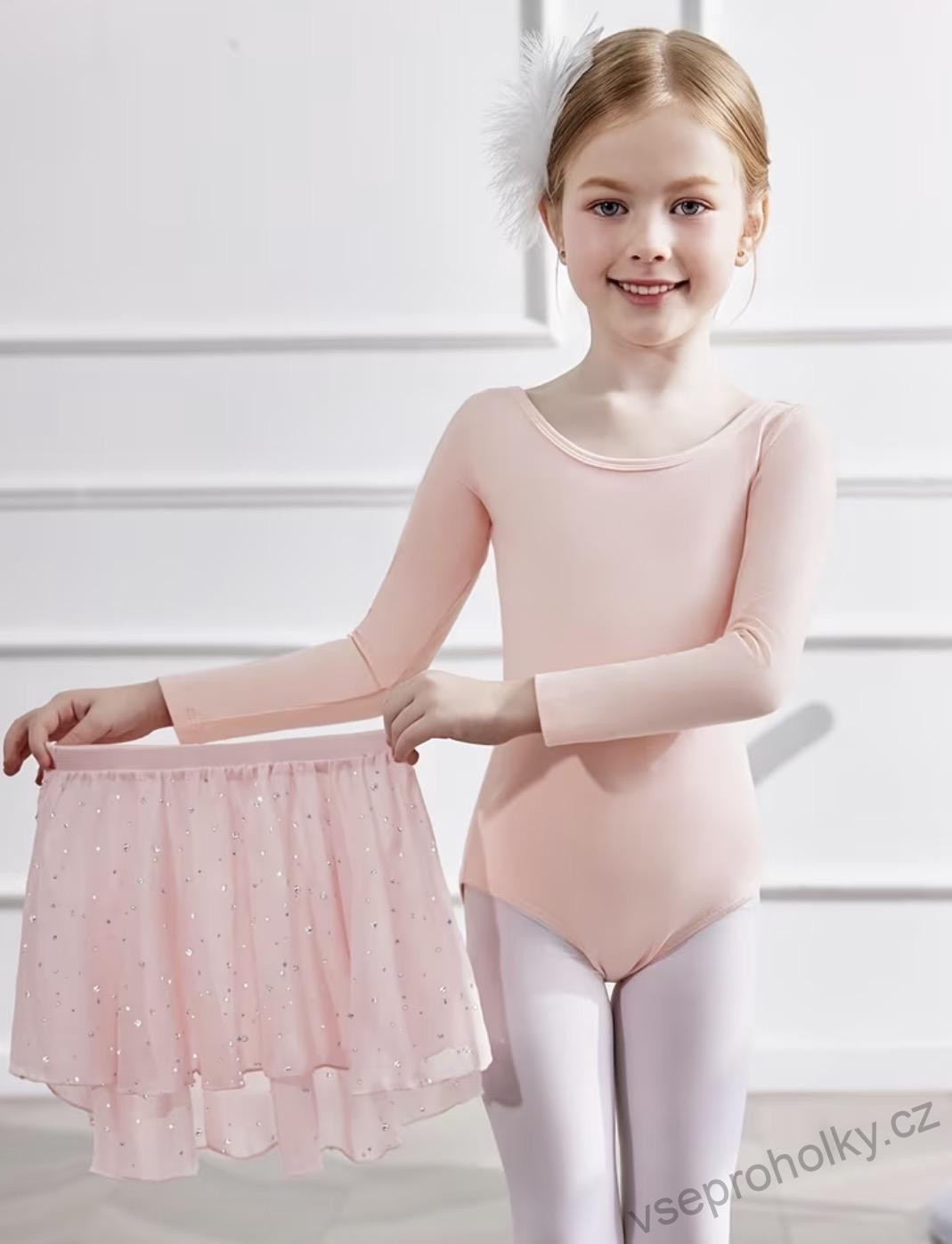 Dívčí baletní set růžový – trikot s dlouhým rukávem a třpytivá šifonová sukně