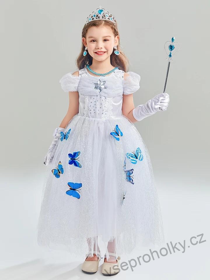 Bílé princeznovské šaty/kostým s motýlky s doplňky 7ks