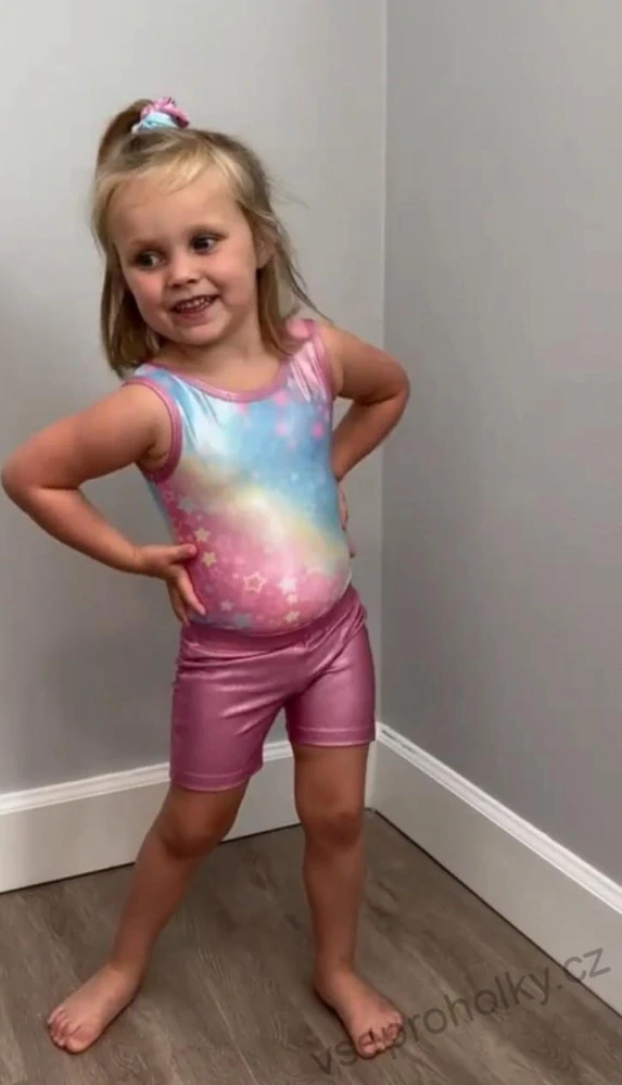 Set gymnastický dres bez rukávů s kraťasy + gumička – duhový