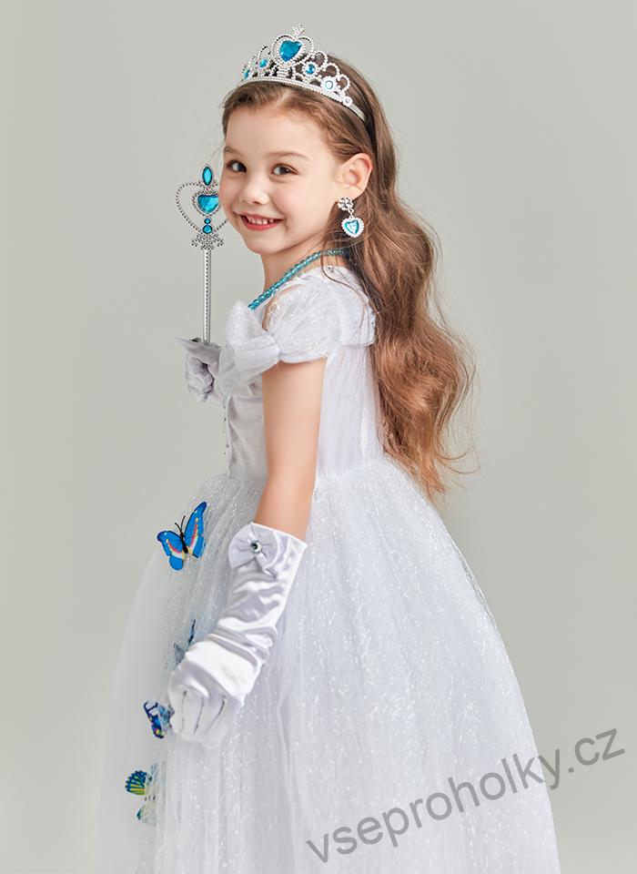 Bílé princeznovské šaty/kostým s motýlky s doplňky 7ks