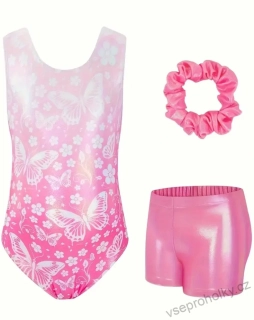 Set gymnastický dres bez rukávů s kraťasy, gumička - růžový