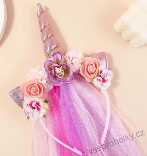 Čelenka Unicorn – růžová s růžovým závojem